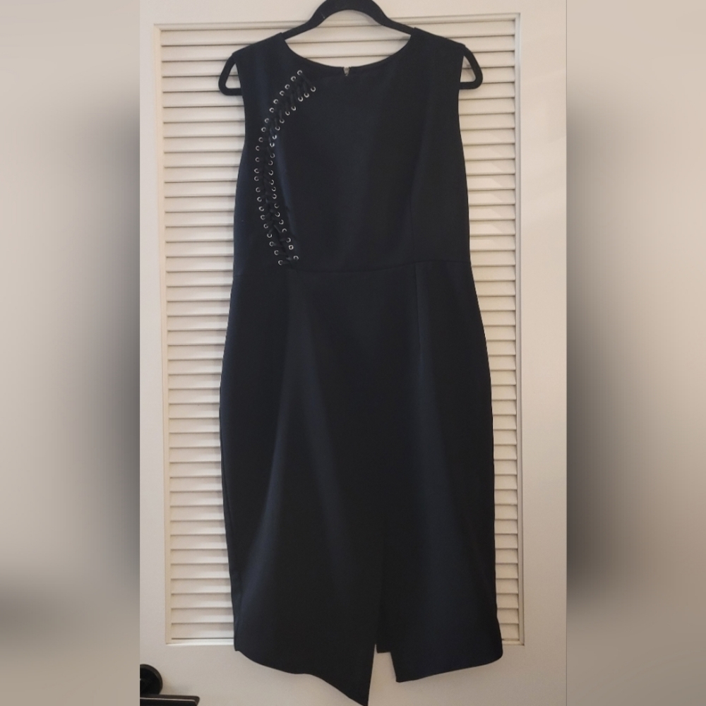 Black Sleeveless Dress With Gold Back Zipper & Lace-Up Detail